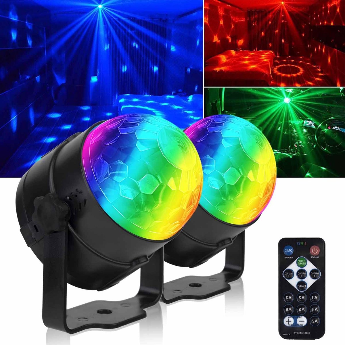 Set van 2 Draadloze Geluid Gecontroleerde Feestverlichting voor Binnen en Buiten - USB Oplaadbare DJ Lichten RGB Disco Bal Stroboscoop Lamp voor Auto Kamerruimte Feest [Energieklasse A+++] - Met Afstandsbediening en Zuignappen